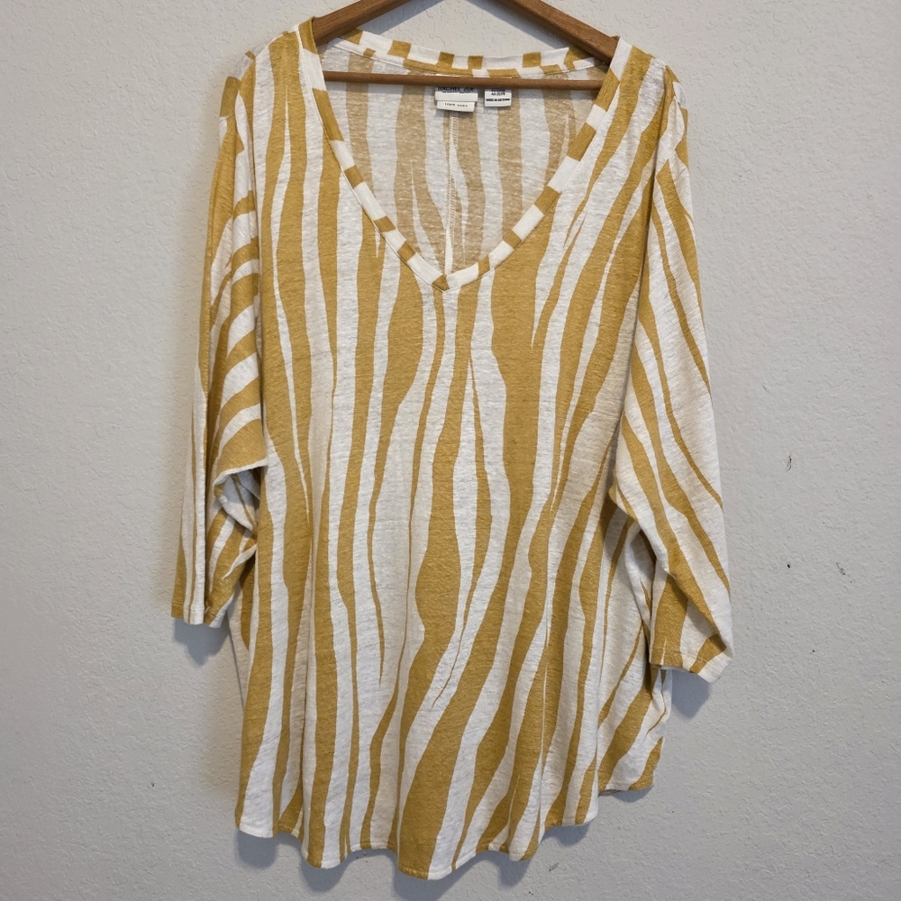 Rachel Zoe 100% Linen Top Gold & White Zebra Print 3/4 Sleeve Women's 3X